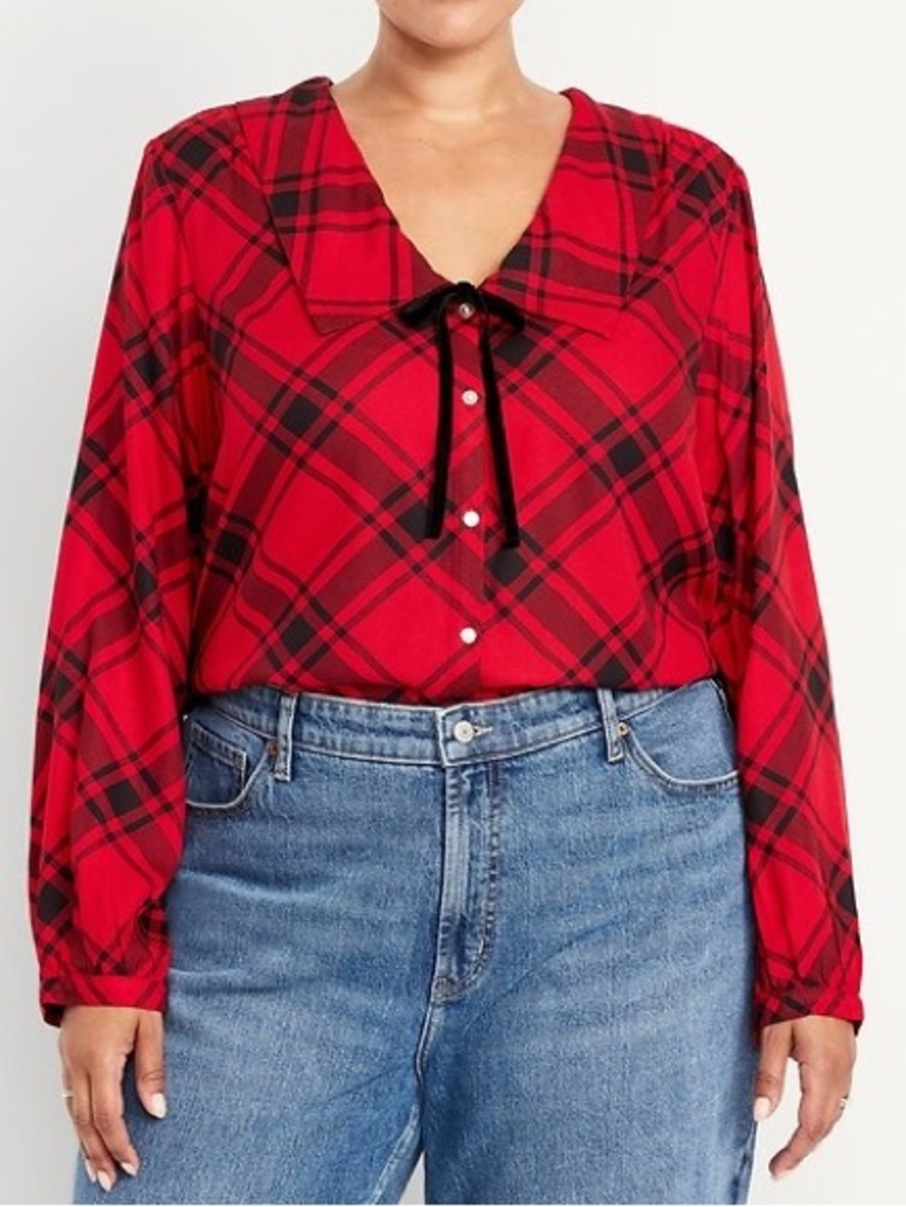 Old Navy crepe button down red black plaid long sleeve top shirt blouse